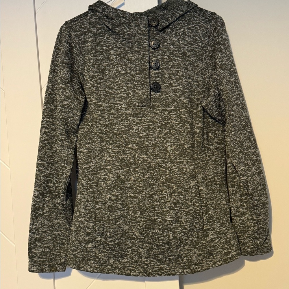 Columbia Hooded Fleece Pullover Heather Gray Button Neck Sweater Medium - Picture 8 of 8